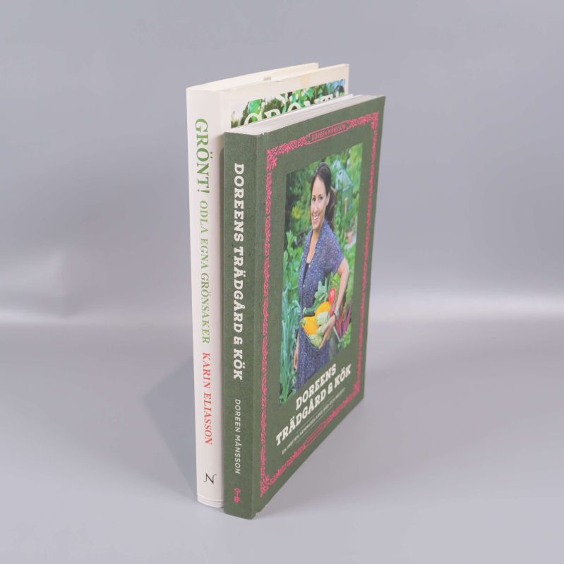 Två böcker visade från sidan med synliga ryggar och titlar