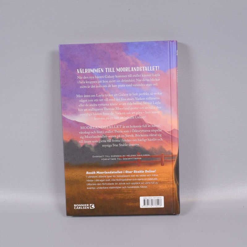 Baksida av boken Moorlandstallet Den nya hästen med beskrivning
