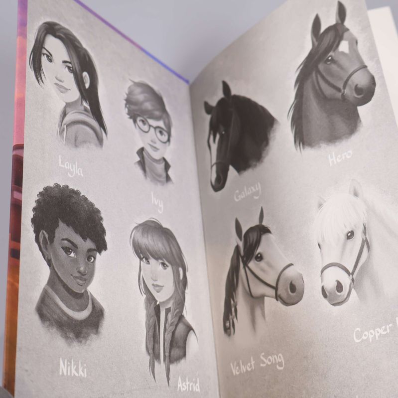 Innehållsbild ur boken med svartvita teckningar av karaktärer och hästar