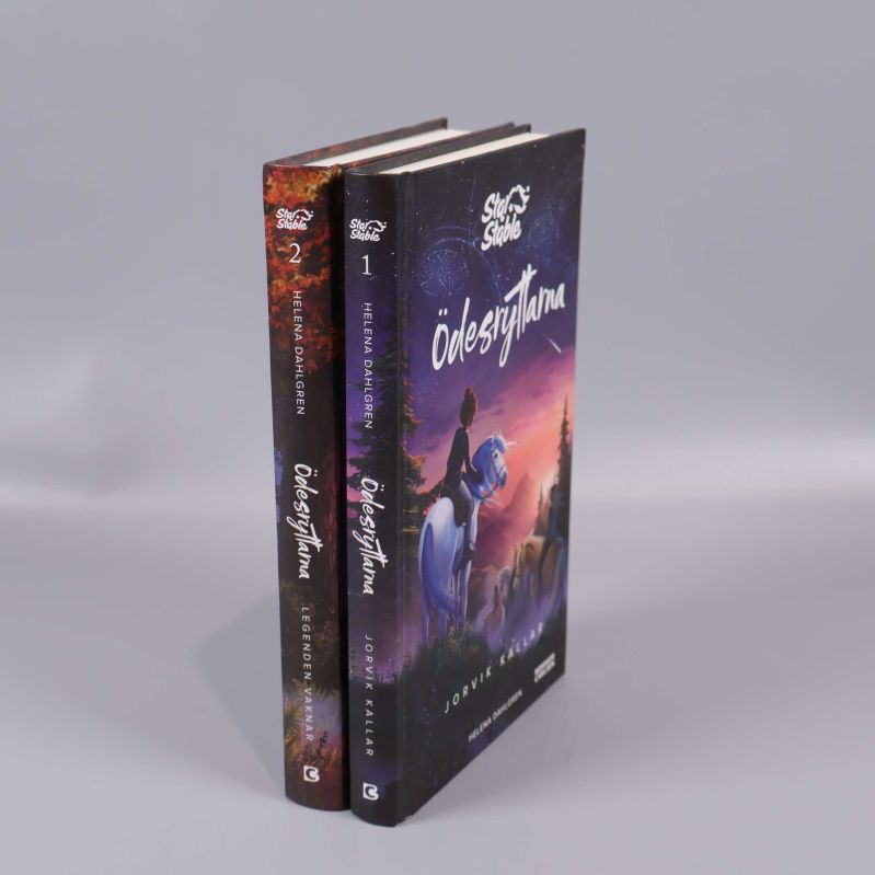 Två Ödesryttarna-böcker stående, ryggarna visar serieordning och författare