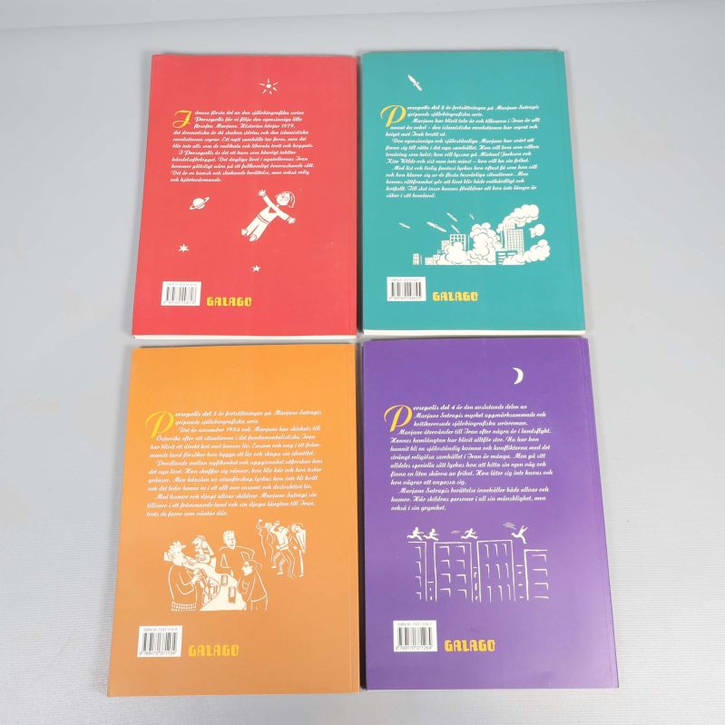 Baksidor av Persepolis del 1 till 4 med text och illustrationer