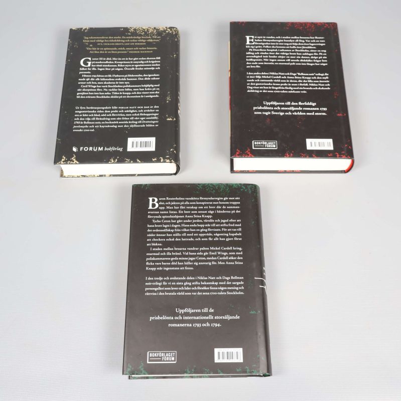 Tre böcker av Niklas Natt och Dag: baksidor och streckkoder synliga