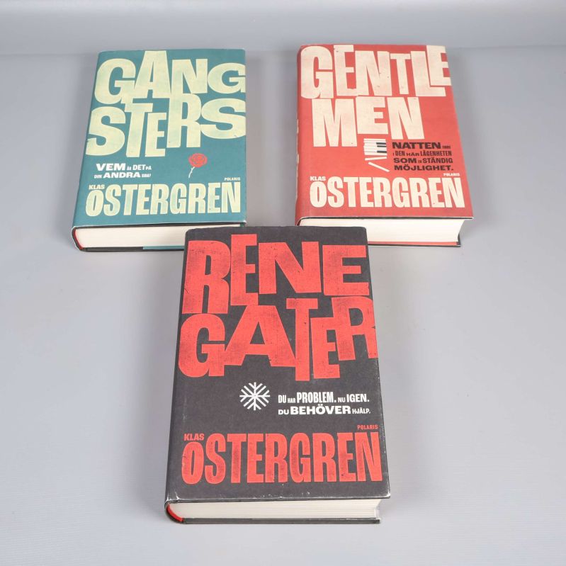 Tre böcker med färggranna omslag från Klas Östergren, titlar väl synliga