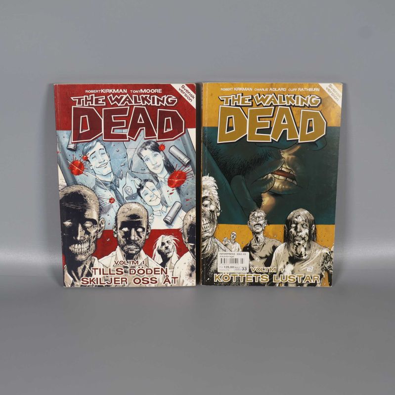 Två serieböcker The Walking Dead med färgstarka omslag och tydliga titlar