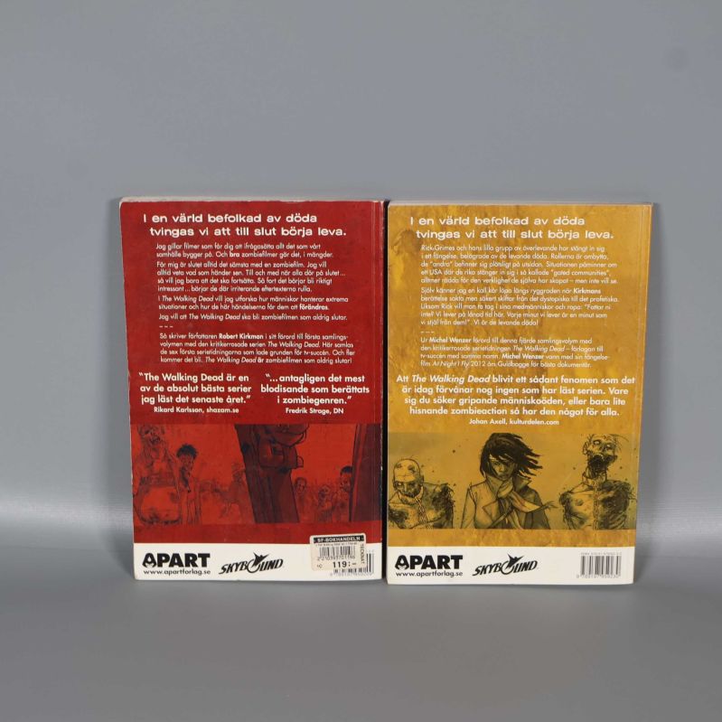 Baksidor på två The Walking Dead serieböcker med beskrivningar och citat