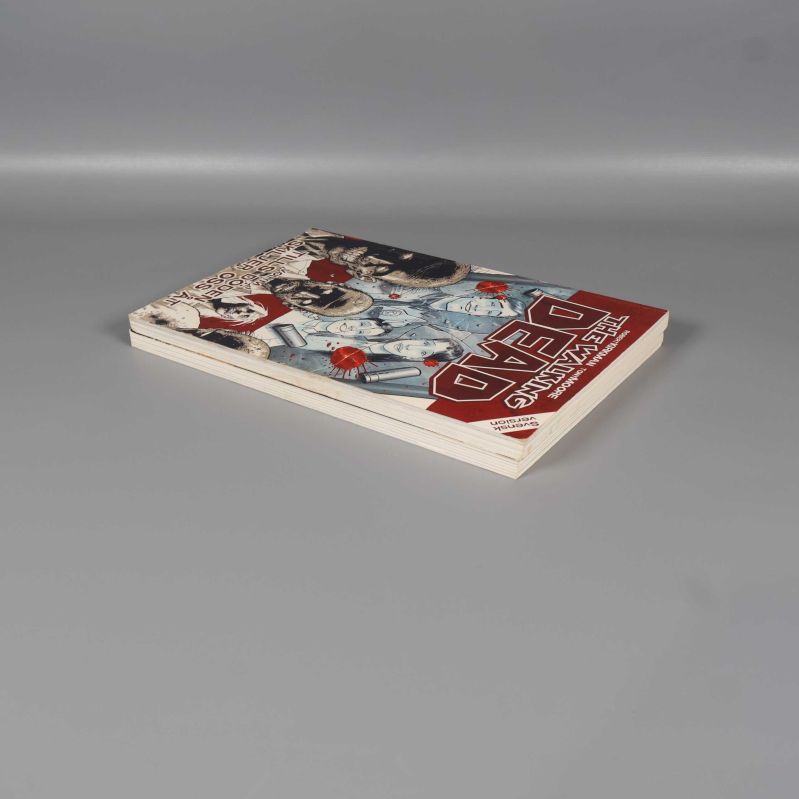 Två staplade The Walking Dead serieböcker med synliga pärmar