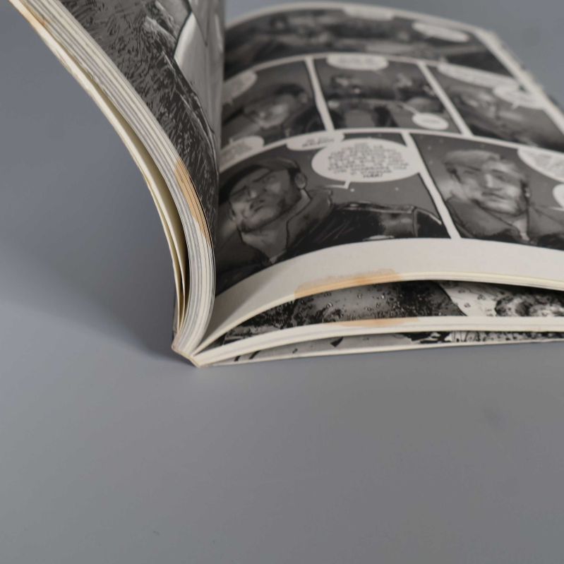 Närbild på inre bokrygg och sidor, liten missfärgning synlig