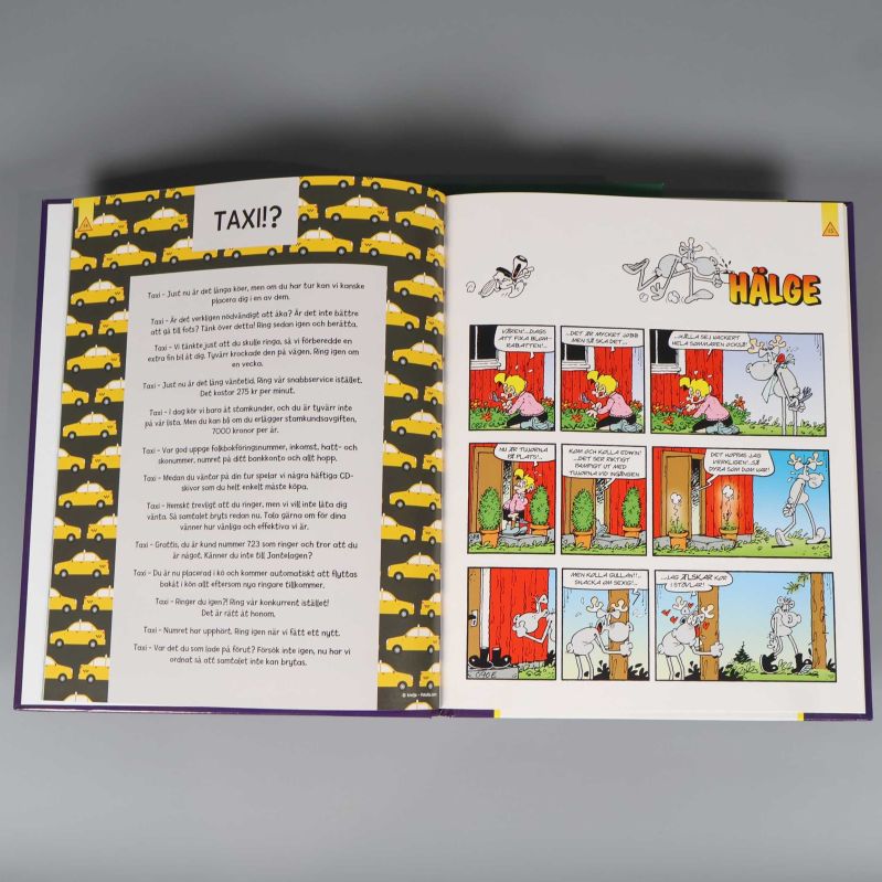 Uppslag med serierutor och humortext från Hälge-album
