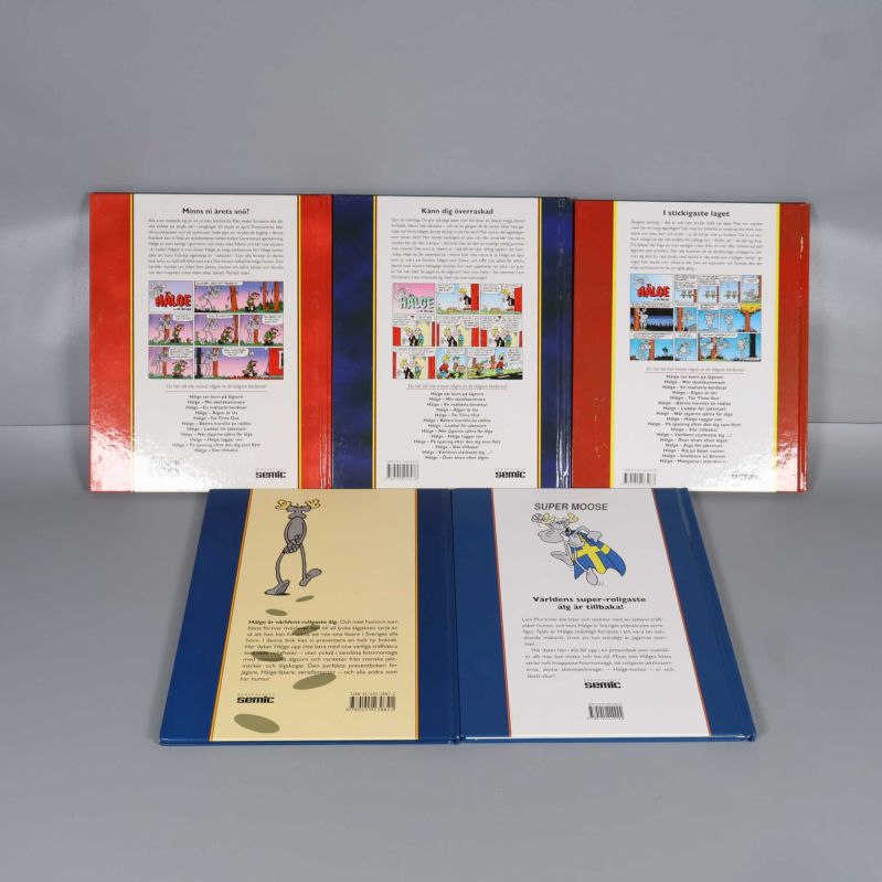 Baksidor på fem Hälge böcker med olika texter och illustrationer