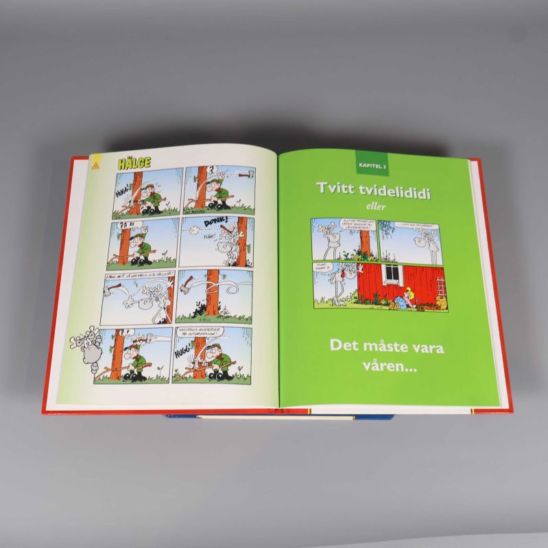 Uppslag med serierutor ur en Hälge-bok och grön kapitelstart