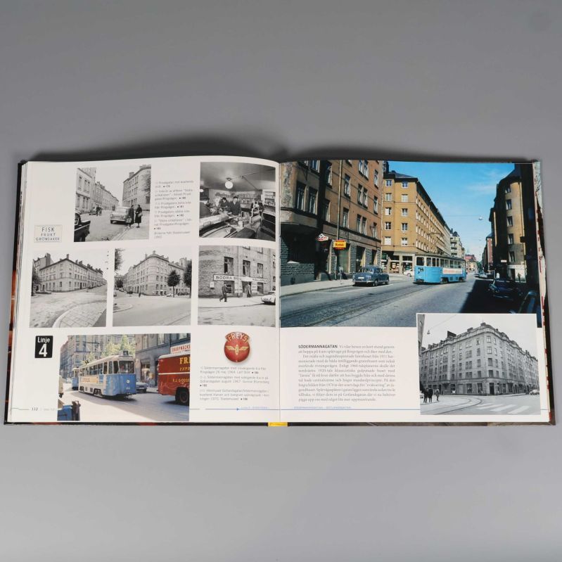 Uppslag med svartvita och färgbilder samt text om Södermalm