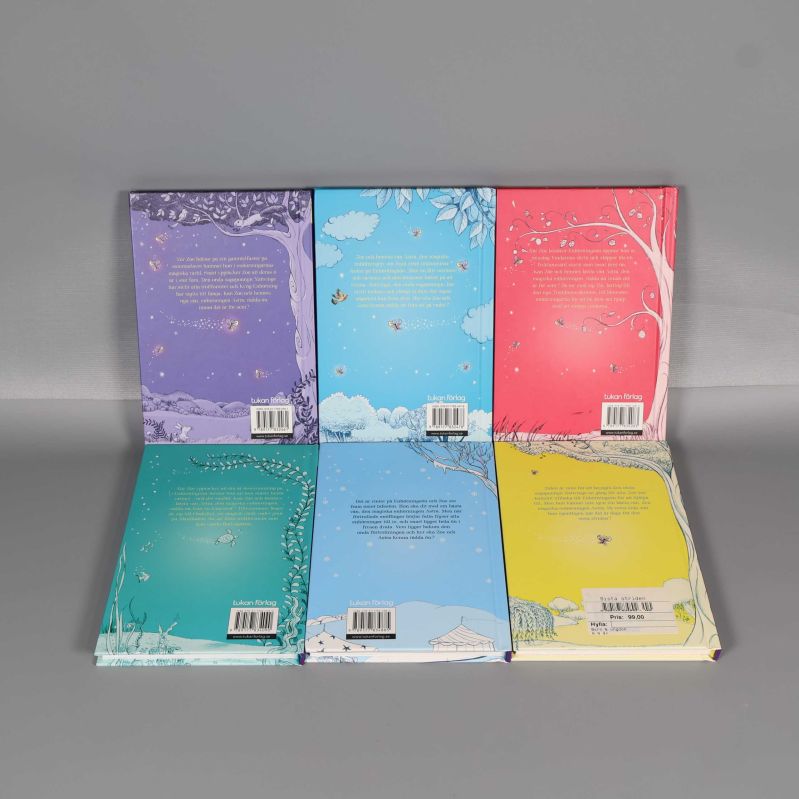 Baksidorna av de sex böckerna ur Den magiska enhörningsön, med streckkoder