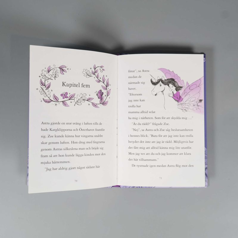 Uppslag ur boken visar kapitel fem och illustration med enhörning