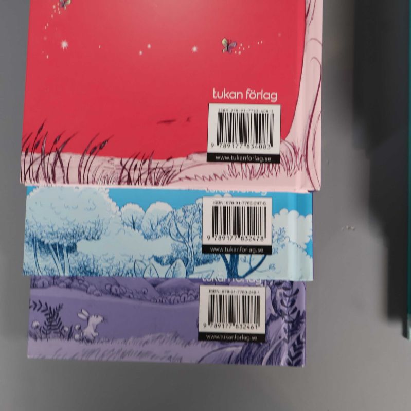 Tre baksidor av böcker med synliga ISBN-nummer och streckkoder