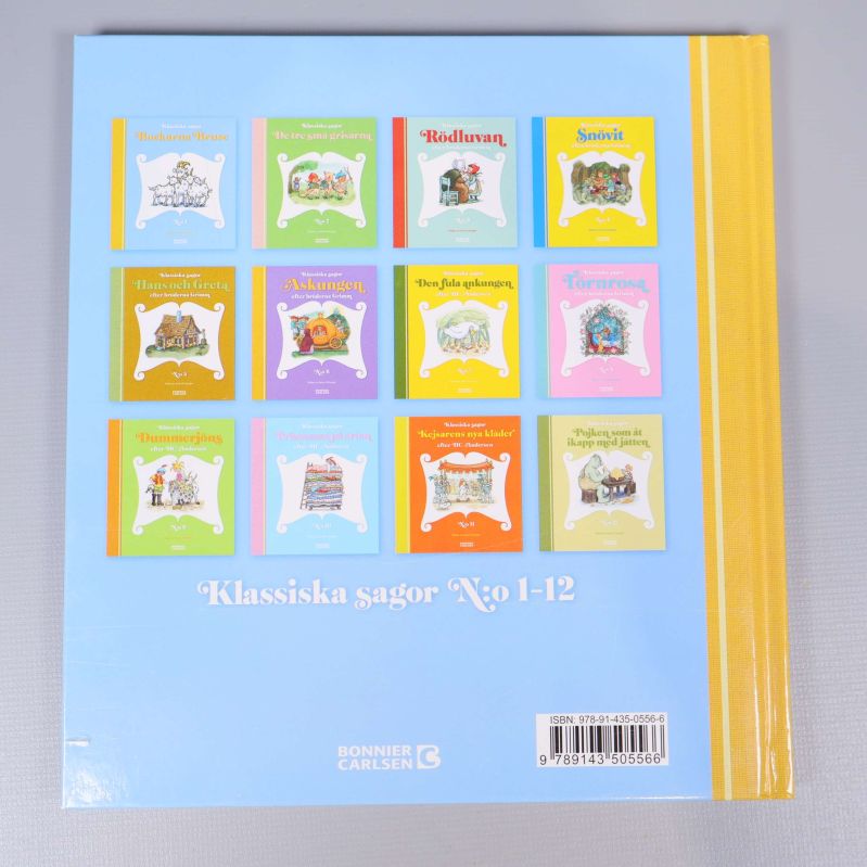 Baksida av bok med ISBN och småbilder på sagoboksomslag