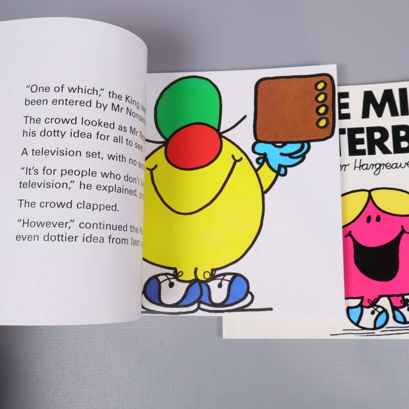 Uppslag ur Little Miss-bok med färgglad illustration och engelsk text