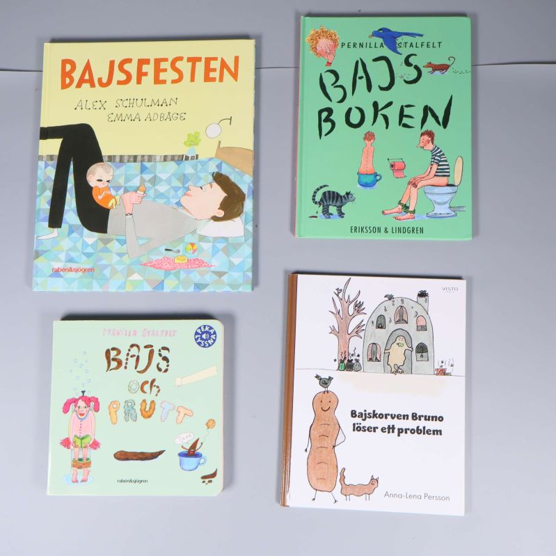 Fyra barnböcker om bajs med färgglada omslag