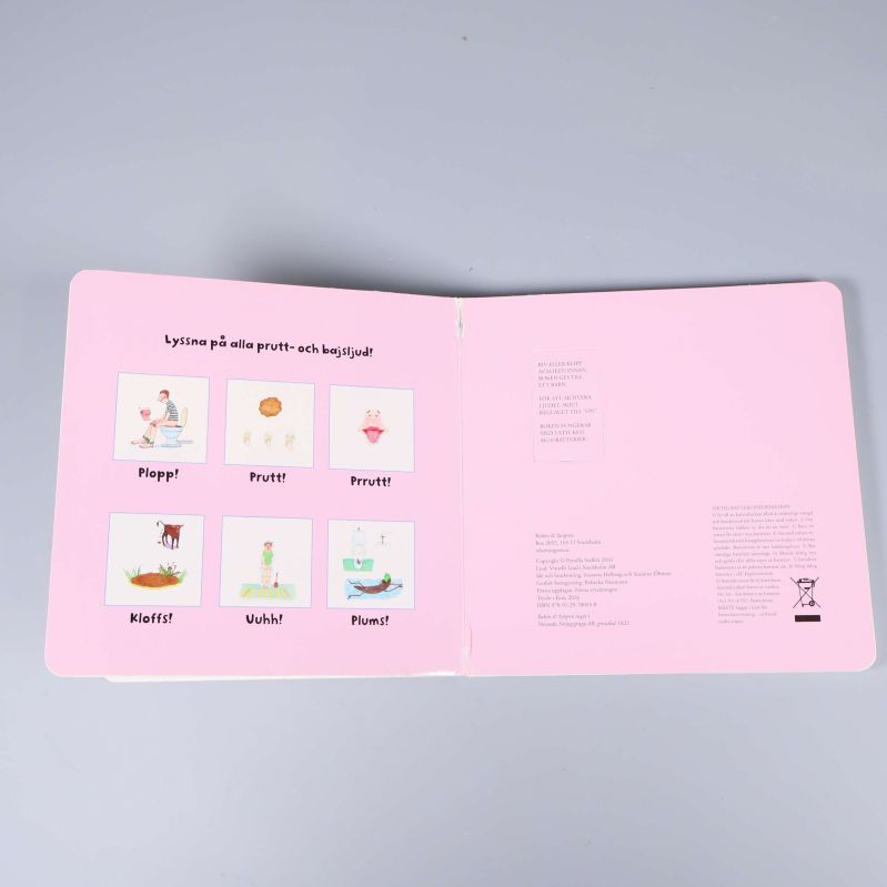 Uppslag med ljudknappar och illustrationer från Bajs och prutt