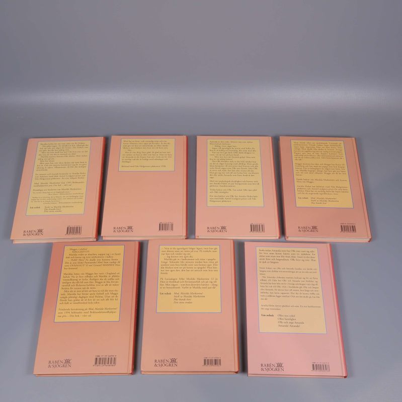 Baksidor på sju Annika Holm-böcker med beskrivningstext och streckkod