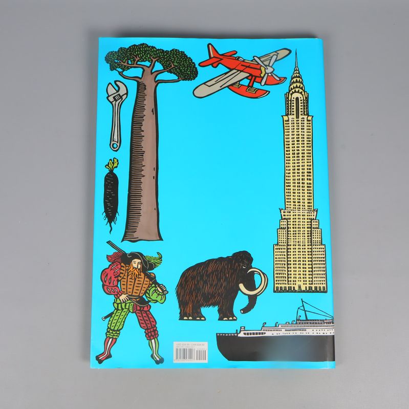 Baksidan av boken Almost Everything med fler illustrationer som mammut och skyskrapa