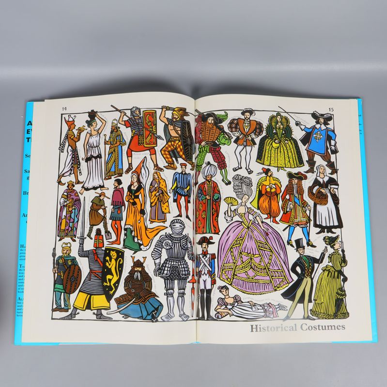 Uppslag ur boken med handritade historiska dräkter i klara färger