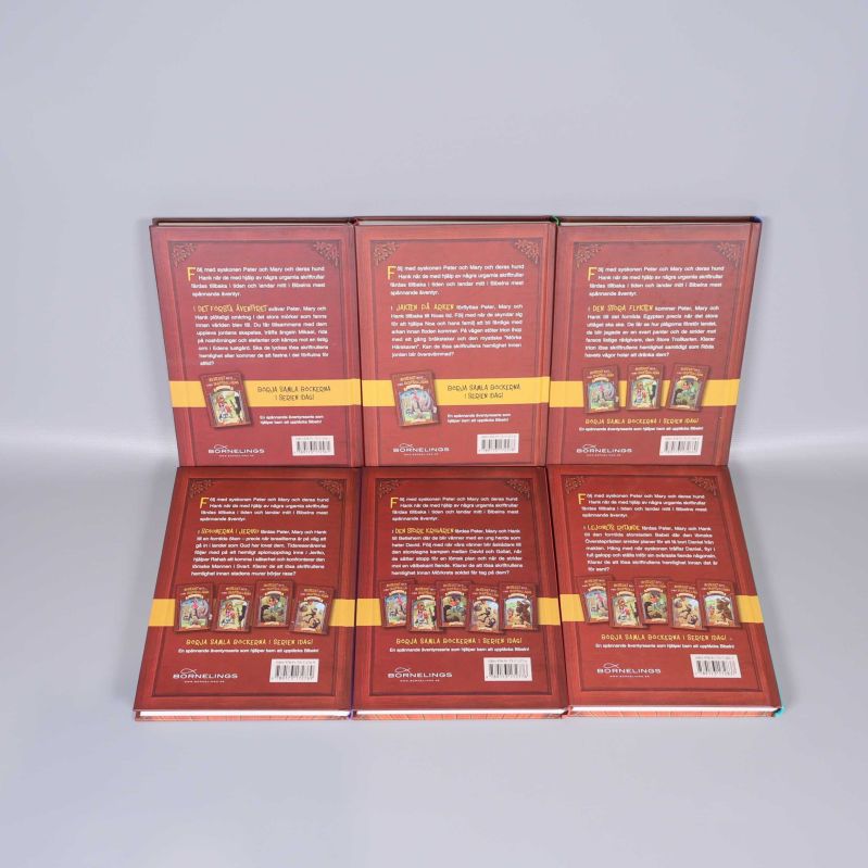 Baksidor av sex böcker i samma serie med text och bilder synliga