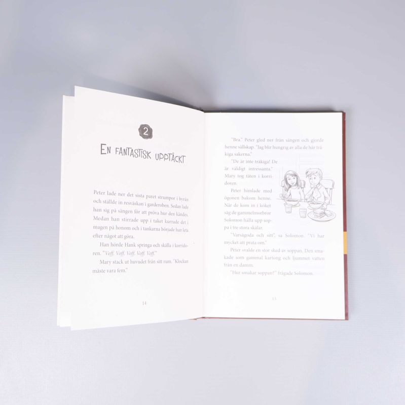 Uppslag ur boken med kapitelrubrik, löptext och svartvit illustration