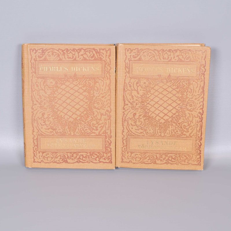 Två böcker av Charles Dickens med dekorerade omslag