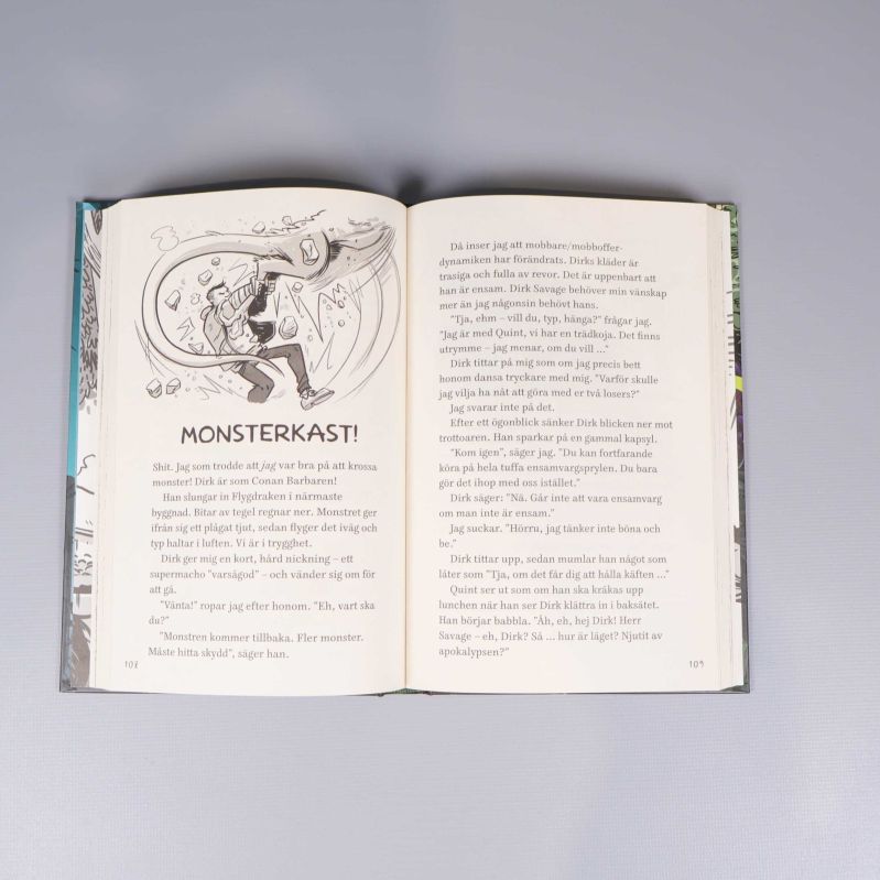 Uppslag ur De sista barnen på jorden med teckning och text