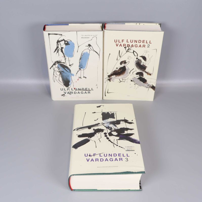 Tre böcker av Ulf Lundell, Vardagar-serien, med illustrerade omslag mot grå bakgrund
