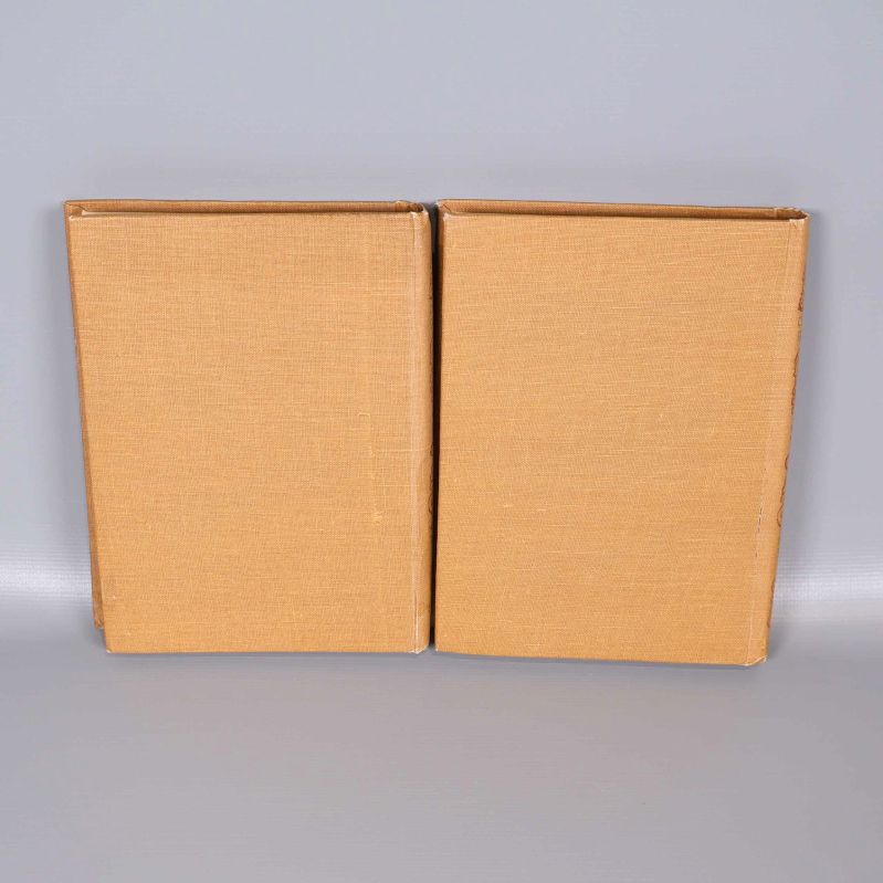 Baksidor av två äldre böcker med gulbrunt tygband