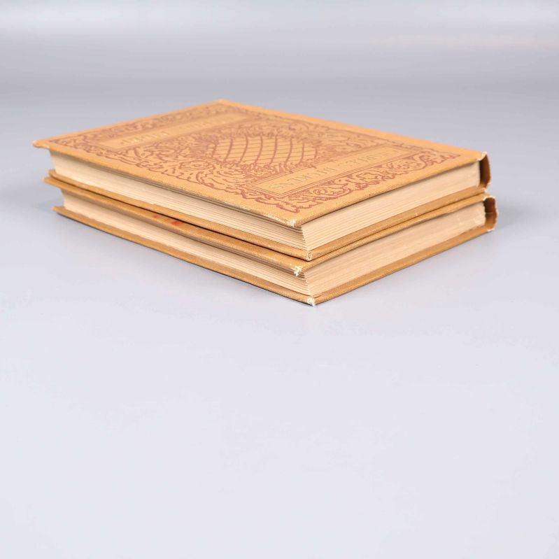 Två böcker med gulbrun rygg och slitna kanter på varandra