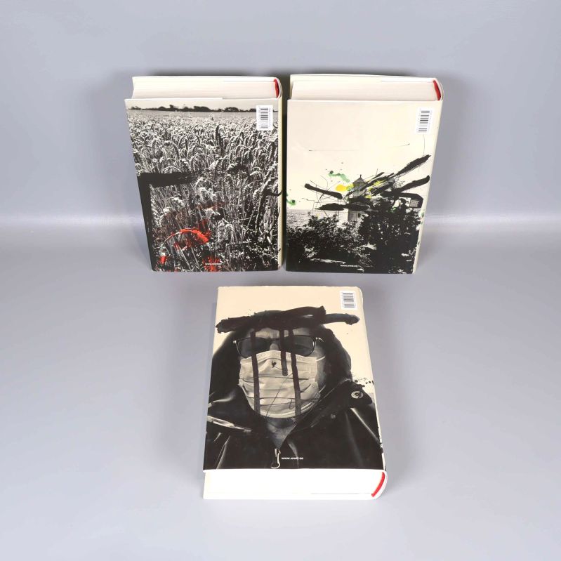 Baksidor av tre böcker med fotografiska och konstnärliga motiv