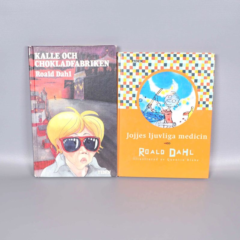 Två barnböcker av Roald Dahl, omslag med färgglada illustrationer