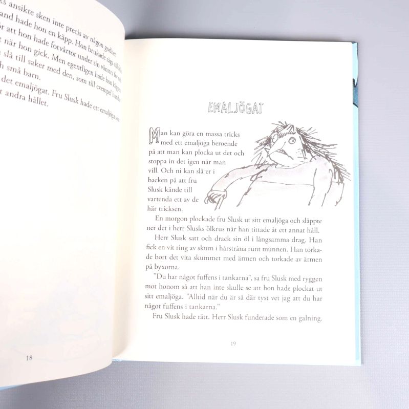 Uppslag ur Herr och Fru Slusk med text och enkel illustration