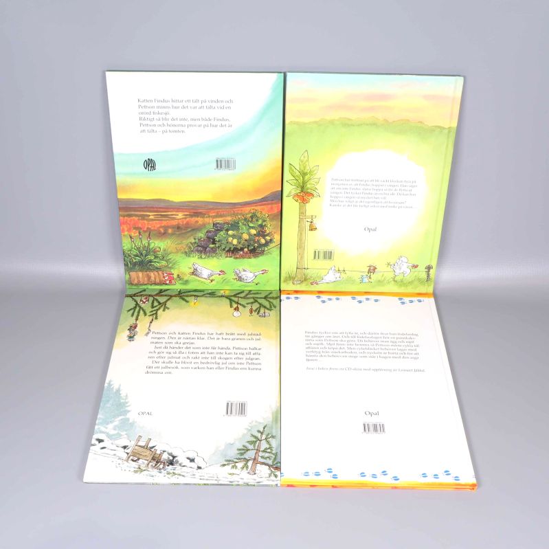 Baksidor av fyra Pettson och Findus-böcker med illustrationer