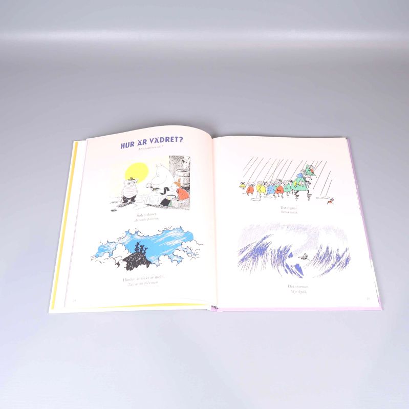 Uppslag ur boken med väderillustrationer och text på svenska och finska