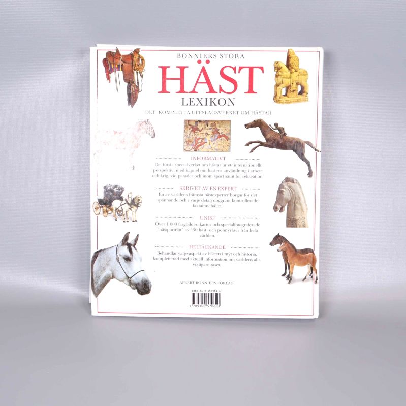 Baksidan av Bonniers stora hästlexikon med beskrivning och små illustrationer av hästar