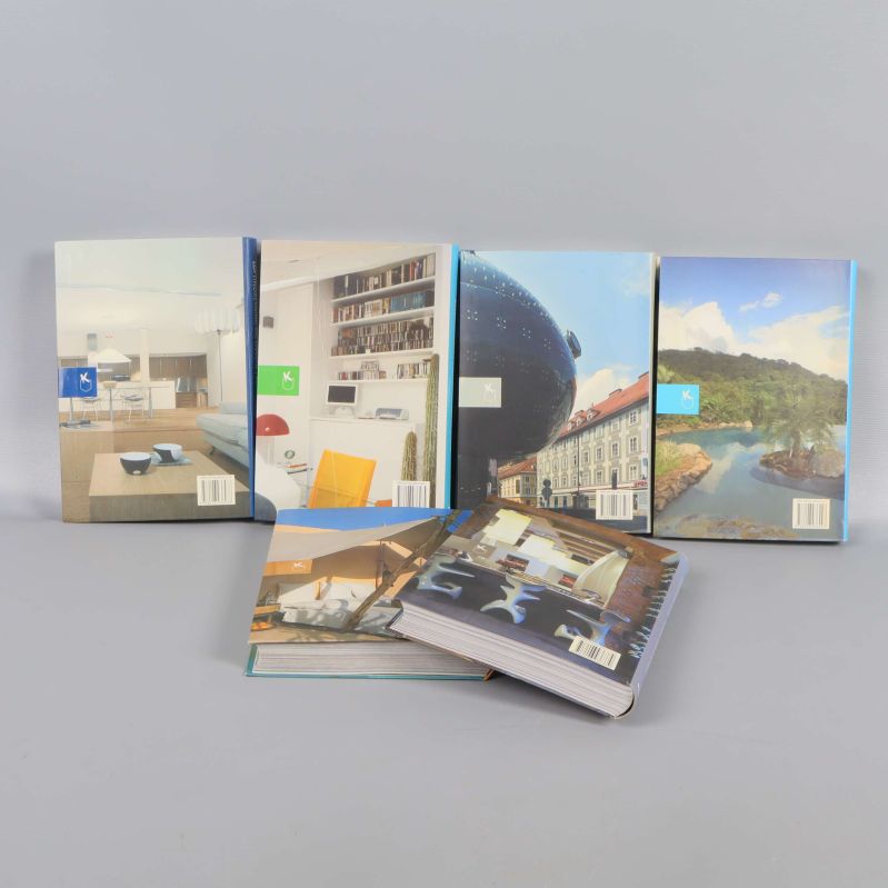 Baksidor av sex böcker med foton på interiörer och miljöer