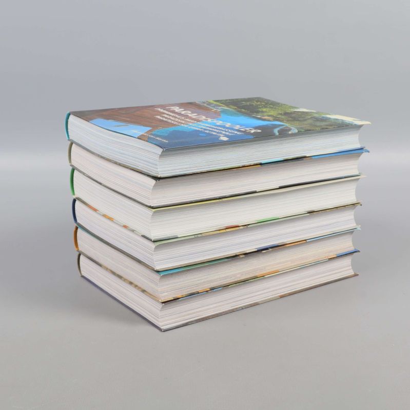 Trave med sex tjocka inbundna böcker med blå och beige omslag