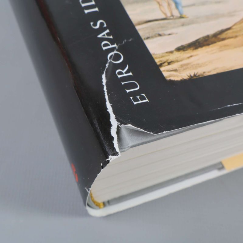 Närbild på skadad hörna på bokomslagets skyddsomslag
