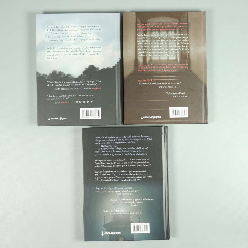 Baksidorna av böckerna Rum 213, Sal 305 och Fyr 137 från trilogin
