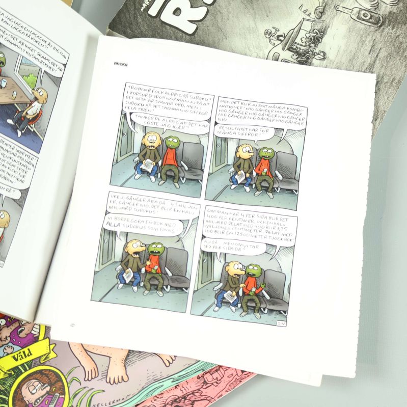 Uppslag i färglagd Rocky-seriebok med två seriestrippar