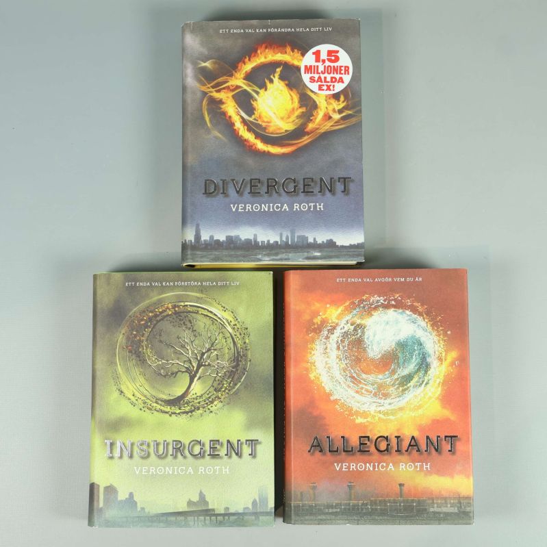 Omslagen till Divergent, Insurgent och Allegiant av Veronica Roth