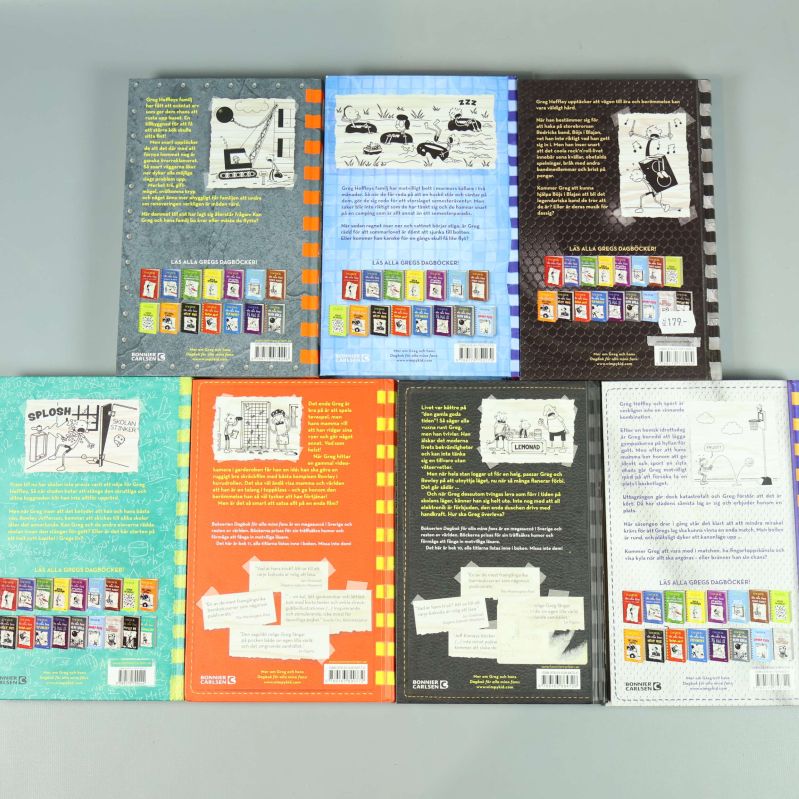 Baksidor av sju böcker i Dagbok för alla mina fans-serien med illustrationer och text