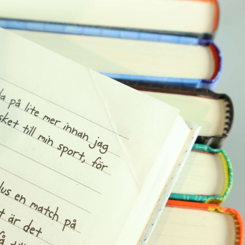 Närbild av inlaga med handskriven stil ur en av böckerna i serien