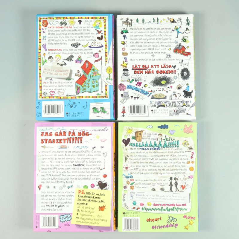 Baksidor av fyra böcker med illustrationer och texter