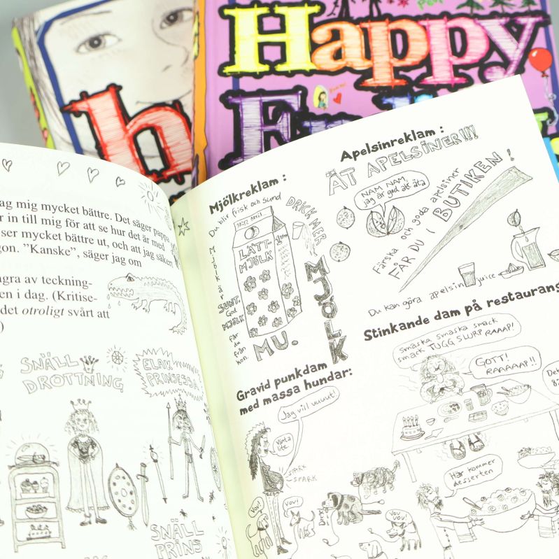 Uppslag med illustrationer och handskriven text i en av böckerna