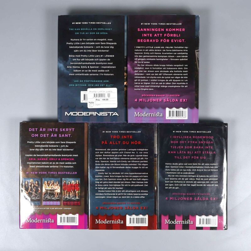 Baksidor på Pretty Little Liars böcker med beskrivningstexter