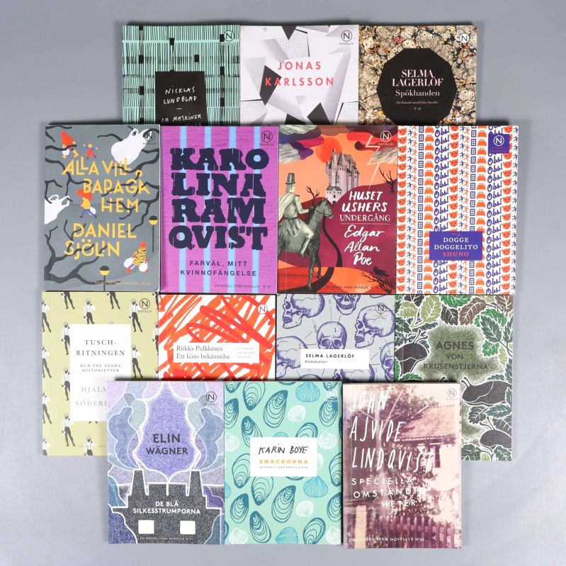 Framsidor av tolv pocketböcker med olika färgstarka omslag